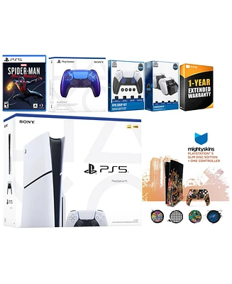 Sony Playstation 5 Slim Disc with Spider-Man: Miles Morales, Extra Cosmic Red Controller, Fps Grip Kit, Charge Dock and MightySkins Decal Voucher + 1