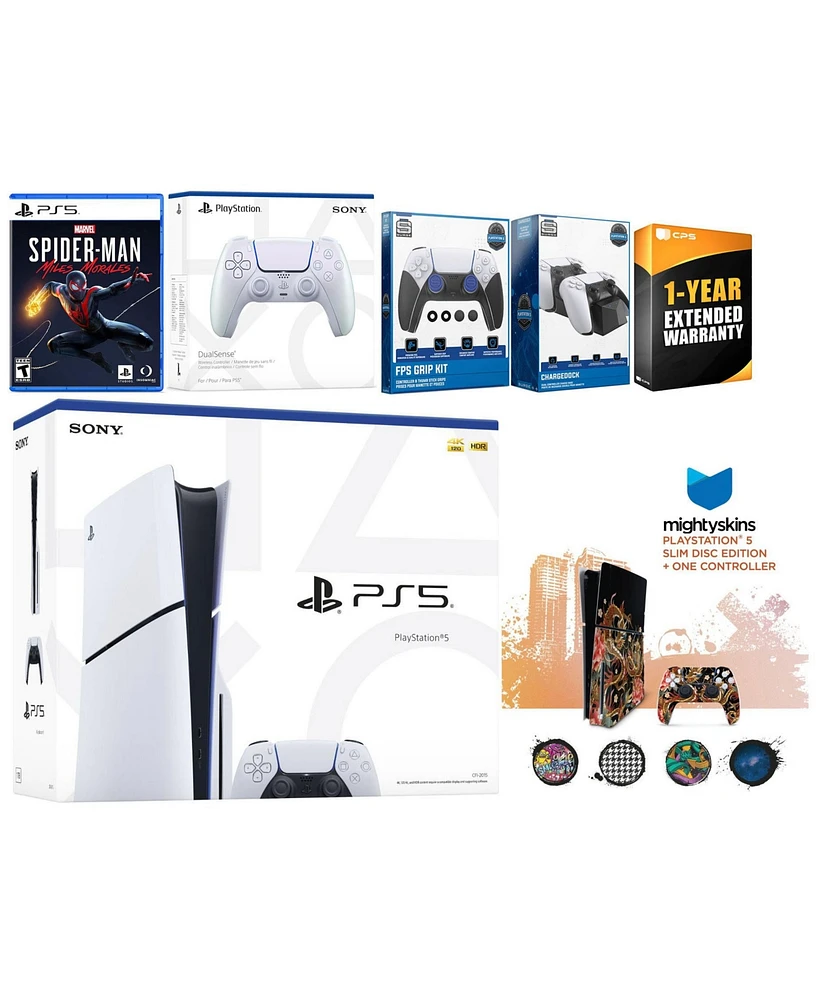 Sony Playstation 5 Slim Disc with Spider-Man: Miles Morales, Extra Sterling Silver Controller, Fps Grip Kit, Charge Dock and MightySkins Decal Voucher