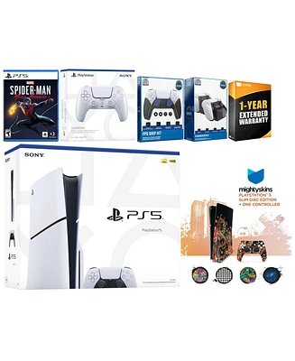 Sony Playstation 5 Slim Disc with Spider-Man: Miles Morales, Extra Sterling Silver Controller, Fps Grip Kit, Charge Dock and MightySkins Decal Voucher