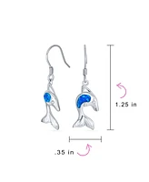 Bling Jewelry Created Blue Opal Inlay Nautical Ocean Marine Hawaiian Sea Life Dolphins Dangle Earrings .925 Sterling Silver Wire Fish Hook