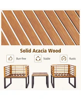 Gymax 3 Piece Outdoor Conversation Furniture Set Acacia Wood Patio Bistro Set w/ Cushions