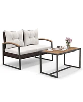 Gymax Set of 2 Pe Wicker Furniture Set Loveseat w/ Acacia Wood Coffee Table Patio