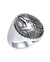 Bling Jewelry Hunter Animal Norse Viking Warrior Signet Fierce Roaring Big Wolf Head Coin Ring Oxidized .925 Sterling Silver