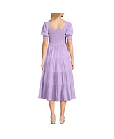 Lands' End Women's Smocked Cotton Dobby Midi Puff Sleeve Dress
