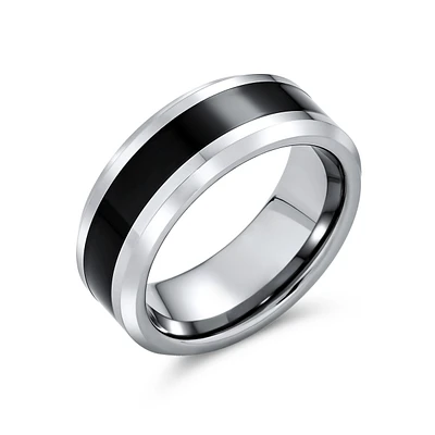 Bling Jewelry Simple Two Tone Black Center Couples Titanium Band Ring Silver Tone Beveled Edge 8MM