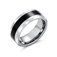 Bling Jewelry Simple Two Tone Black Center Couples Titanium Band Ring Silver Tone Beveled Edge 8MM