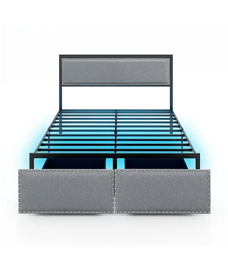 Full Size Bed Frame with Led Lights Drawer and Metal Slats-Full Size