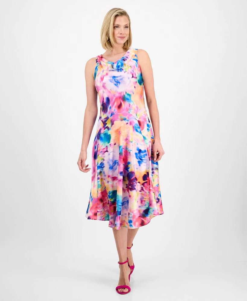 Robbie Bee Women's Floral-Print Cowlneck Fit & Flare Midi Dress