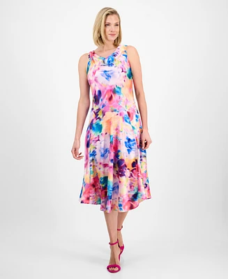 Robbie Bee Women's Floral-Print Cowlneck Fit & Flare Midi Dress