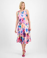 Robbie Bee Women's Floral-Print Cowlneck Fit & Flare Midi Dress