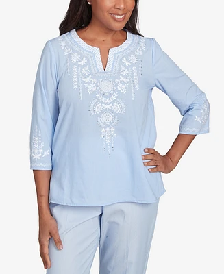 Alfred Dunner Women's St. Thomas Embroidered Sky Blue Round Neck Top