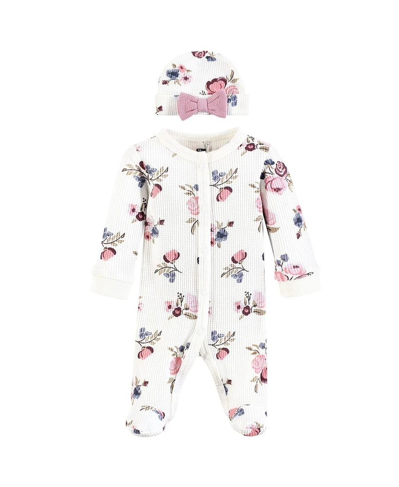Hudson Baby Baby Girls Hudson Thermal Preemie Sleep and Play and Cap Set, Dusty Rose Floral, Preemie