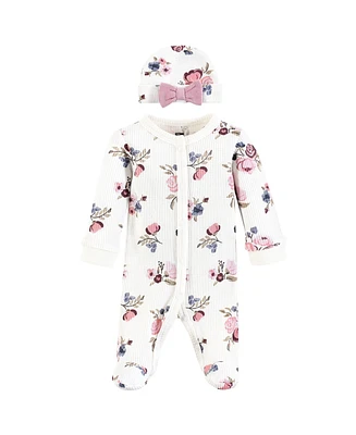 Hudson Baby Baby Girls Hudson Thermal Preemie Sleep and Play and Cap Set, Dusty Rose Floral, Preemie
