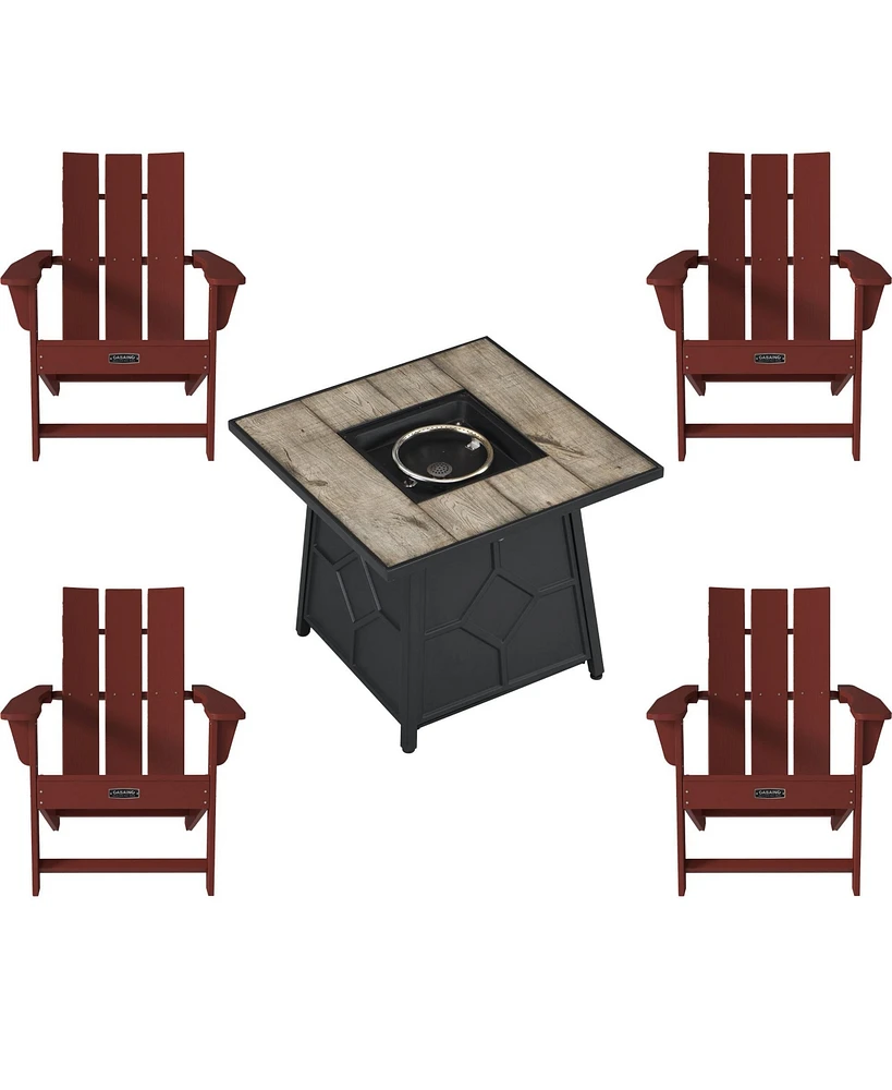 Piece Hdpe Adirondack Chair Outdoor Meeting Set with 28-inch Square 40,000 Btu Auto-Ignition Propane Gas Firepit with Waterproof Cover
