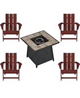 Piece Hdpe Adirondack Chair Outdoor Meeting Set with 28-inch Square 40,000 Btu Auto-Ignition Propane Gas Firepit with Waterproof Cover