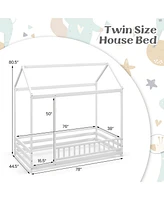Twin Size Kids House Bed Wooden Floor Bed with Roof and Full-length Safety Guardrail