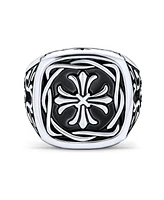Bling Jewelry Large Statement Medieval Mens Religious Ancient Viking Maltase Fleur De Lis Cross Square Signet Band Ring Oxidized Silver Tone Stainless