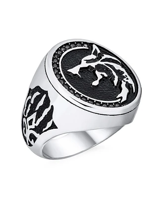 Bling Jewelry Hunter Animal Norse Viking Warrior Signet Fierce Roaring Big Wolf Head Coin Ring or Pendant Oxidized Stainless Steel
