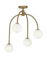 Clara 26" Mid Century Modern 4-Light Semi Flush-Mount Ceiling Light Fixture Kitchen Foyer Hallway Warm Brass Finish White Glass Bedroom Bathroom