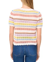 CeCe Women's Pointelle Stripe Short-Sleeve Cotton Sweater