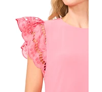CeCe Women's Ruffled Eyelet-Sleeve Crewneck Top