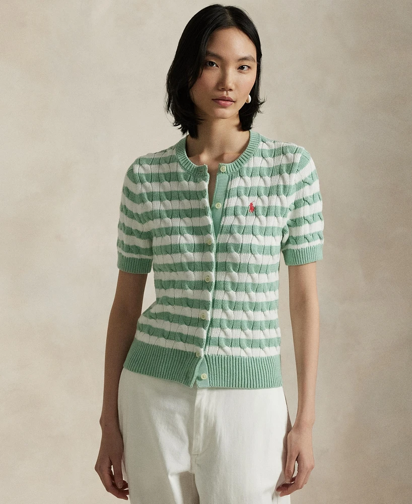 Polo Ralph Lauren Women's Striped Cable-Knit Short-Sleeve Cardigan Sweater