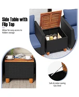 3PCS Outdoor Patio Rattan Furniture Set Wooden Table Cushioned Sofa