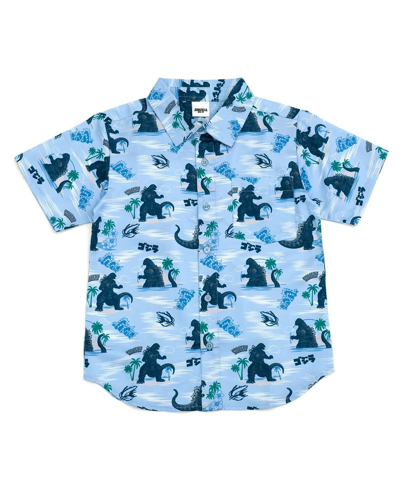 Godzilla Big Boys Matching Family Hawaiian Button Down Dress Shirt