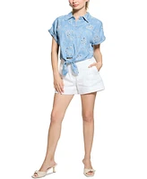 Guess Women's Brigitte Eyelet Tie-Front Cap-Sleeve Shirt