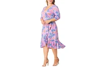 Kiyonna Plus Flirty Flounce Midi Wrap Dress with 3/4 Sleeves