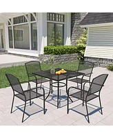 Black 5-Piece Metal Outdoor Patio Dining Set with Square Table with 1.9 in. Umbrella Hole and Dining Chair