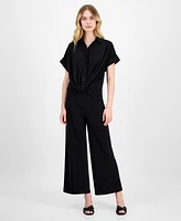 Anne Klein Women's Solid Twist-Front Button-Down Textured Crepe Knit Top
