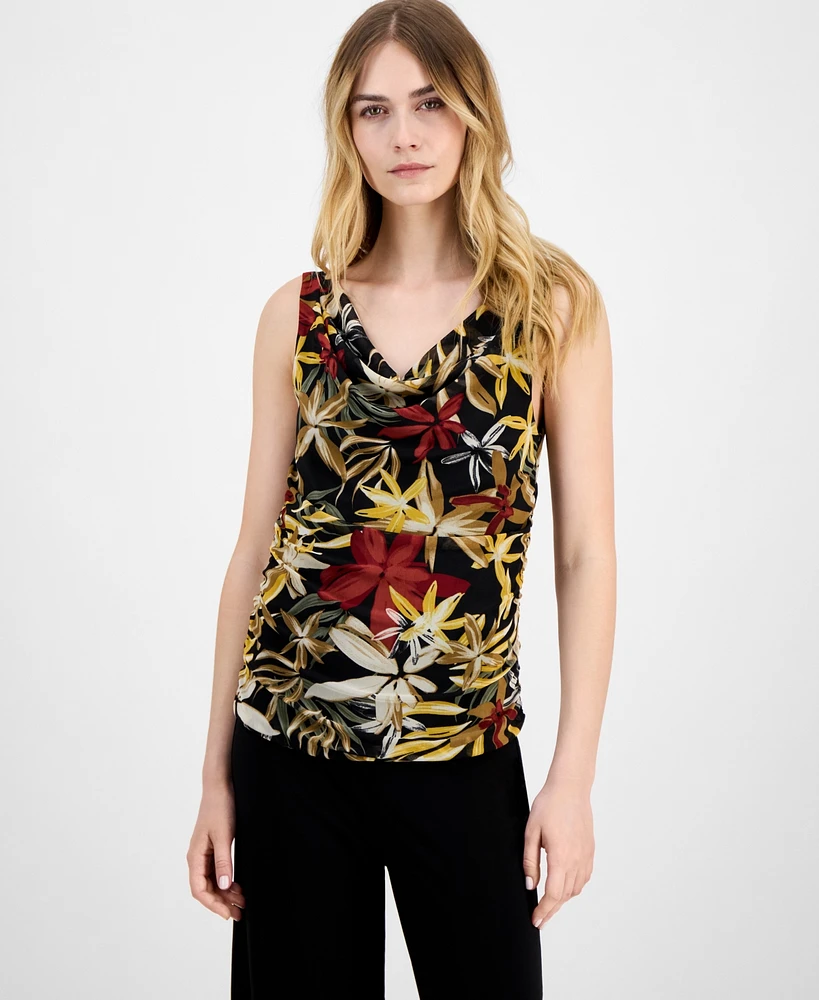 Anne Klein Women's Printed Ruched Draped-Neck Mesh Top