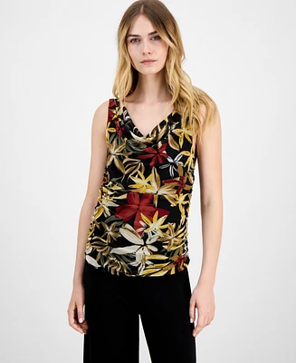 Anne Klein Women's Printed Ruched Draped-Neck Mesh Top