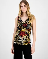 Anne Klein Women's Printed Ruched Draped-Neck Mesh Top