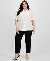 Anne Klein Plus Split-Neck Flutter-Sleeve Button-Front Blouse