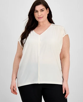 Anne Klein Plus Lace-Trim V-Neck Cap-Sleeve Top
