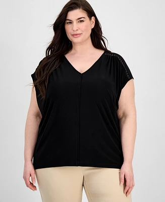 Anne Klein Plus Lace-Trim V-Neck Cap-Sleeve Top