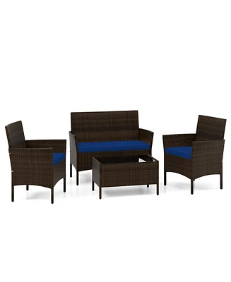 Gymax 4 Piece Outdoor Wicker Furniture Set Patio Rattan Conversation Set w /Cushions