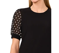 CeCe Women's Puff-Sleeve Mixed-Media Crewneck Top