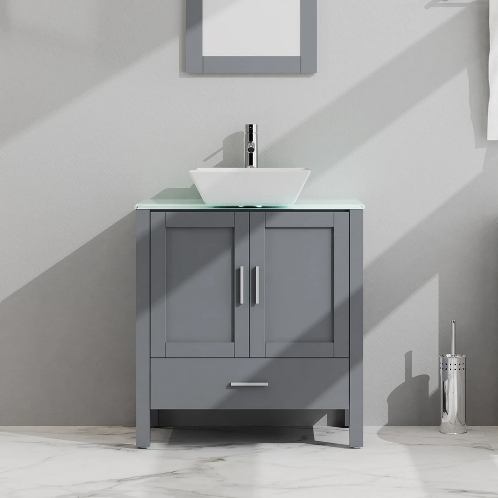 Casainc 30" Gray Bathroom Vanity and Sink Combo Glass Top Cabinet With Mirror