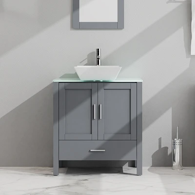 Casainc 30" Gray Bathroom Vanity and Sink Combo Glass Top Cabinet With Mirror