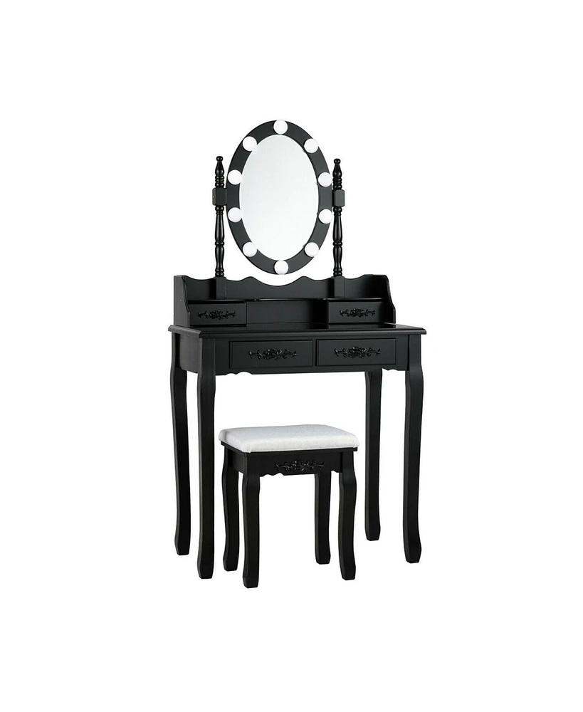 Makeup Dressing Table with Touch Switch Lighted Mirror and Cushioned Stool