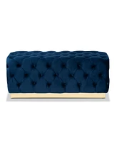 Baxton Studio Corrine Glam and Luxe Navy Blue Velvet Fabric Upholstered and Gold Pu Leather Ottoman