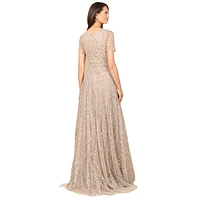 Lara Women's Short Sleeve V-Neck Beaded Ballgown
