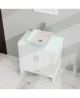 Casainc 30" White Bathroom Vanity and Sink Combo Glass Top Cabinet With Mirror