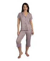 Tahari Women's 3-Piece Ribbed Pajama Set Short Sleeve Notch Collar Top, Shorts, and Capri Pants Pj Set