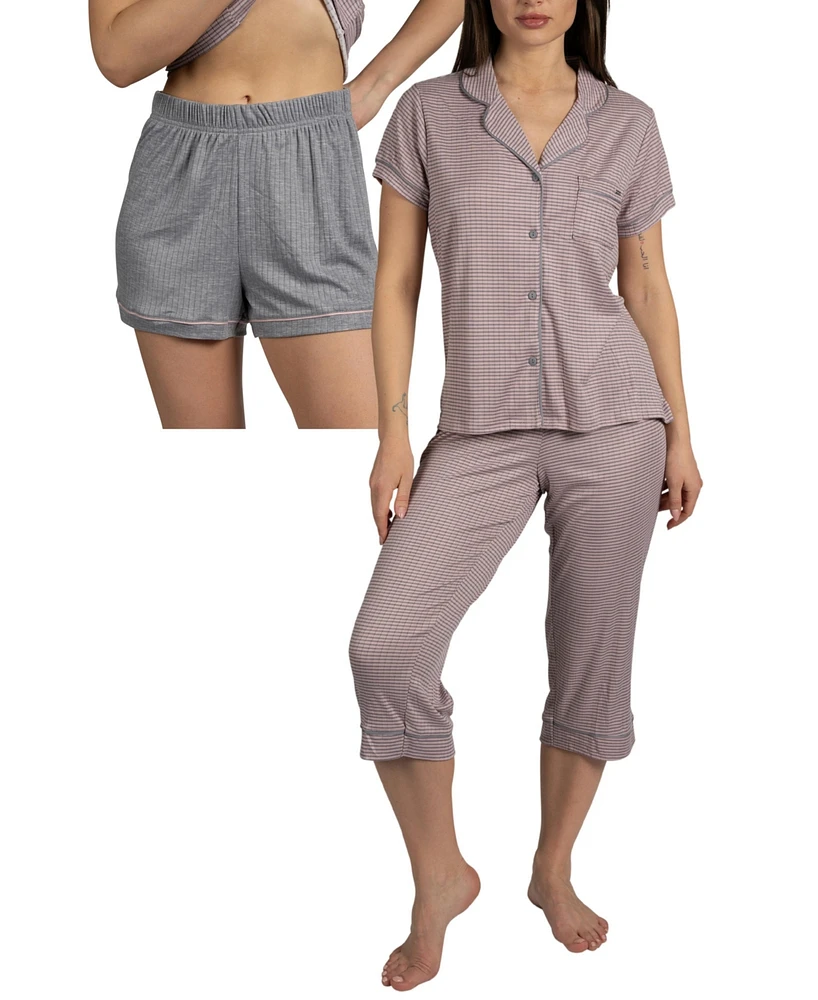 Tahari Women's 3-Piece Ribbed Pajama Set Short Sleeve Notch Collar Top, Shorts, and Capri Pants Pj Set