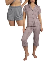Tahari Women's 3-Piece Ribbed Pajama Set Short Sleeve Notch Collar Top, Shorts, and Capri Pants Pj Set