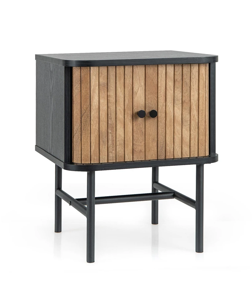 Mid-century Modern Nightstand with Sliding Doors and Storage Cabinet